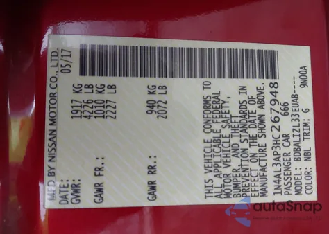 2017 Nissan Altima 2.5 Sv from USA, damaged, VIN 1N4AL3AP3HC267948